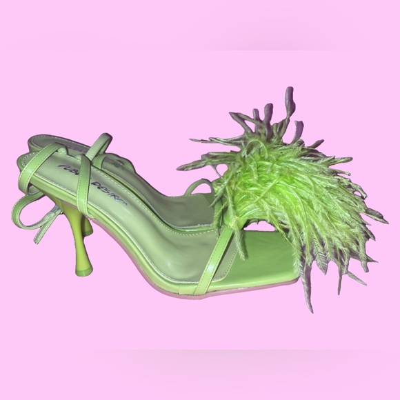 Neon Green Fluffy Feather Ankle Straps Heels - Picture 3 of 7